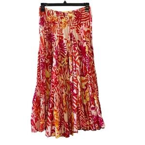 Grace Elements Cotton Pleated Elastic Waist Abstract Print Poodle Midi Skirt S